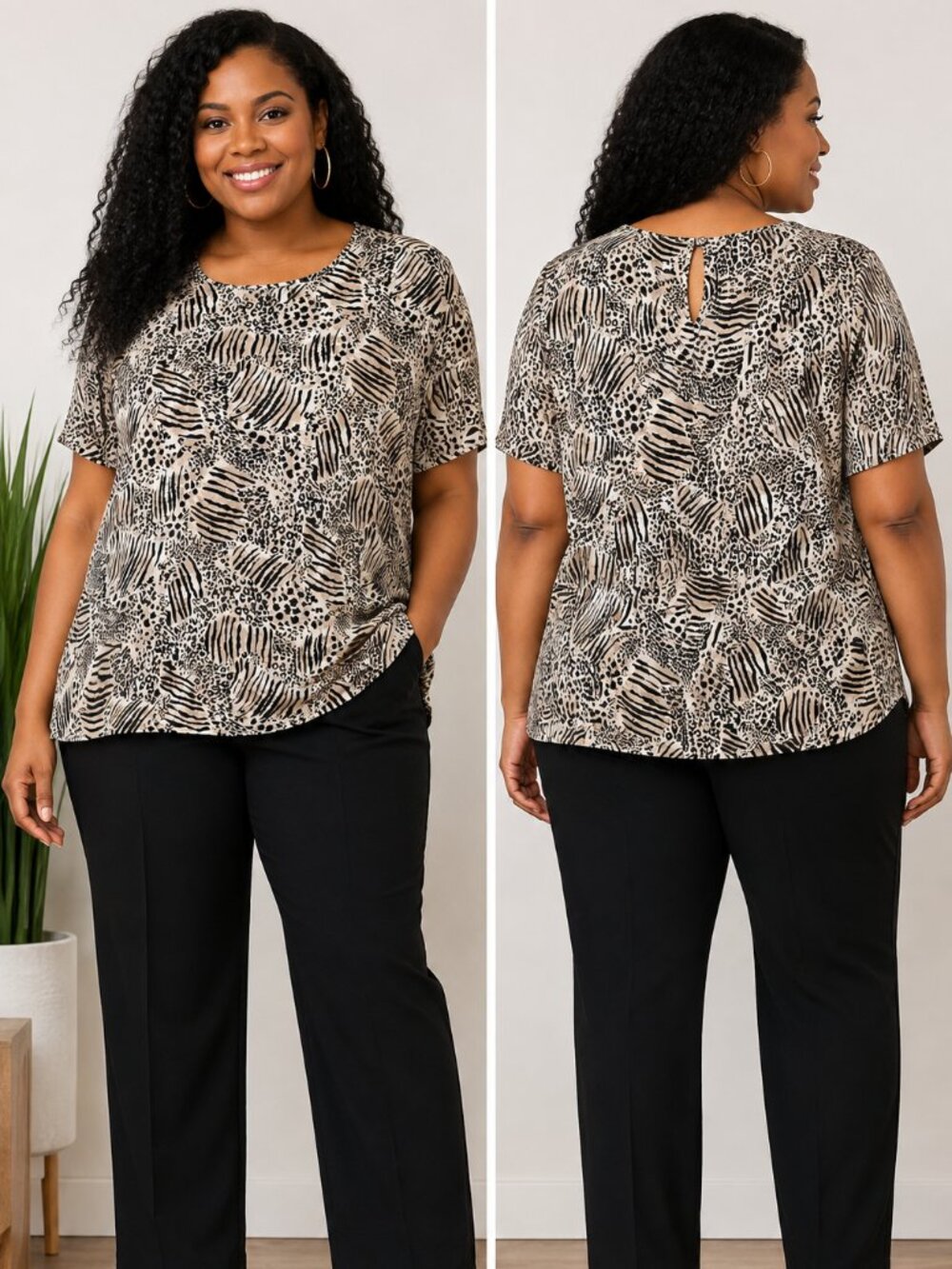 KARA Women 100% Silk Animal Print Blouse Size XL Beige & Black Short Sleeve Top
